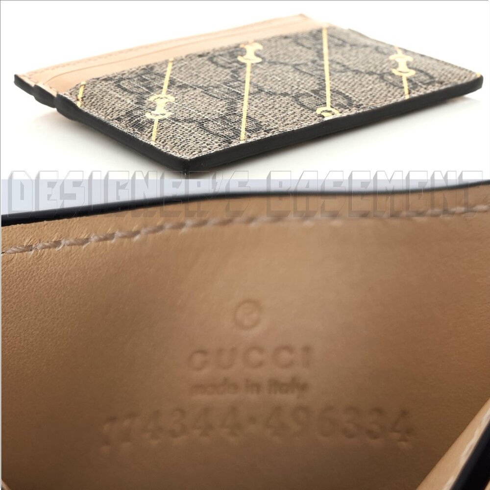 GUCCI beige Leather gold Horsebit print GG Supreme Canvas Card Case wallet NIB🎁 - Picture 3 of 5